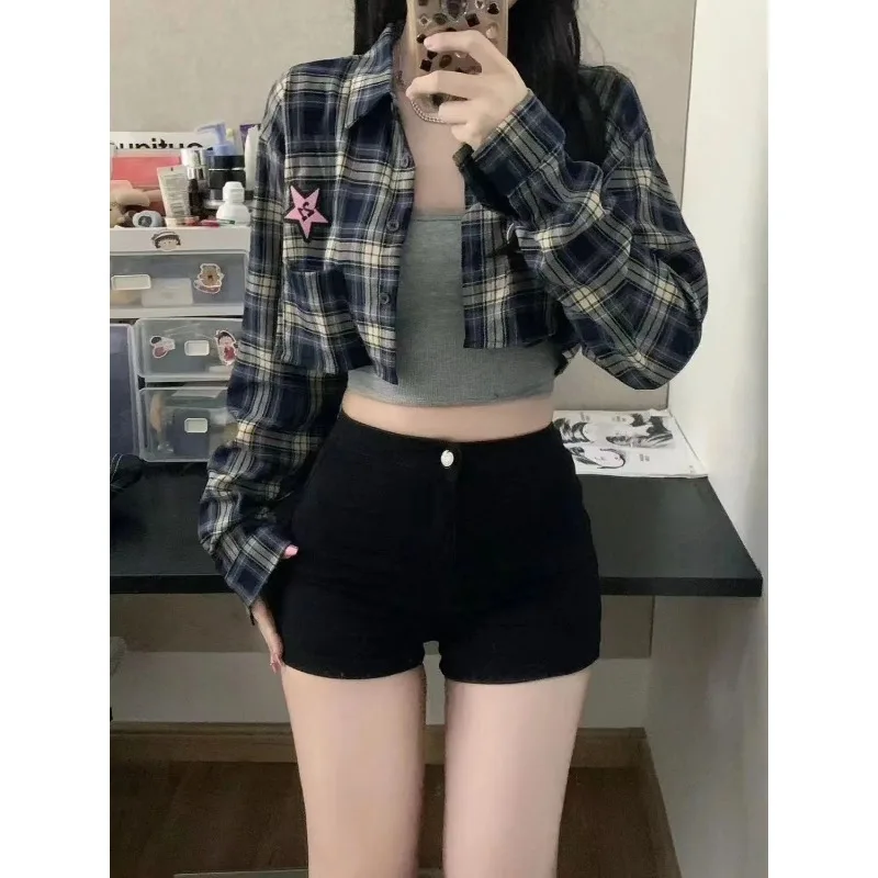 QWEEK Harajuku Plaid Cropped Shirt Women Korean Style KPOP Vintage Short Blouse Loose Youthful Streetwear Long Sleeve Clothing