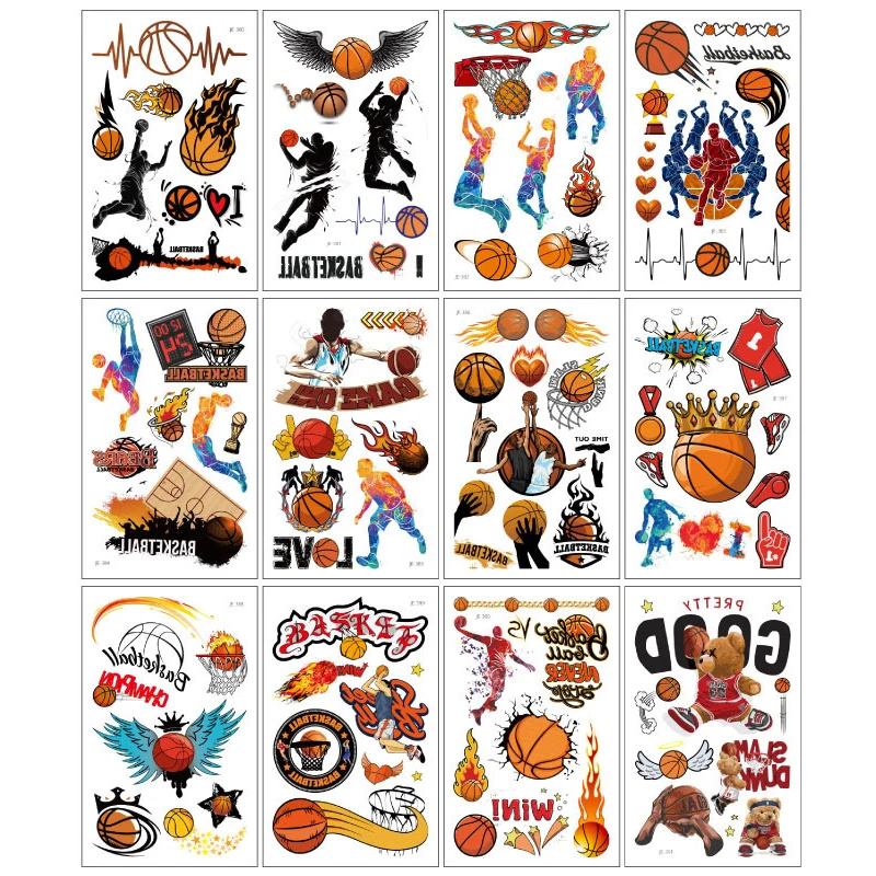 12Sheets Cartoon Basketball Rugby Football Baseball Temporary Tattoo Stickers Baby Shower Kid Body Sticker Tattoos Sport Party