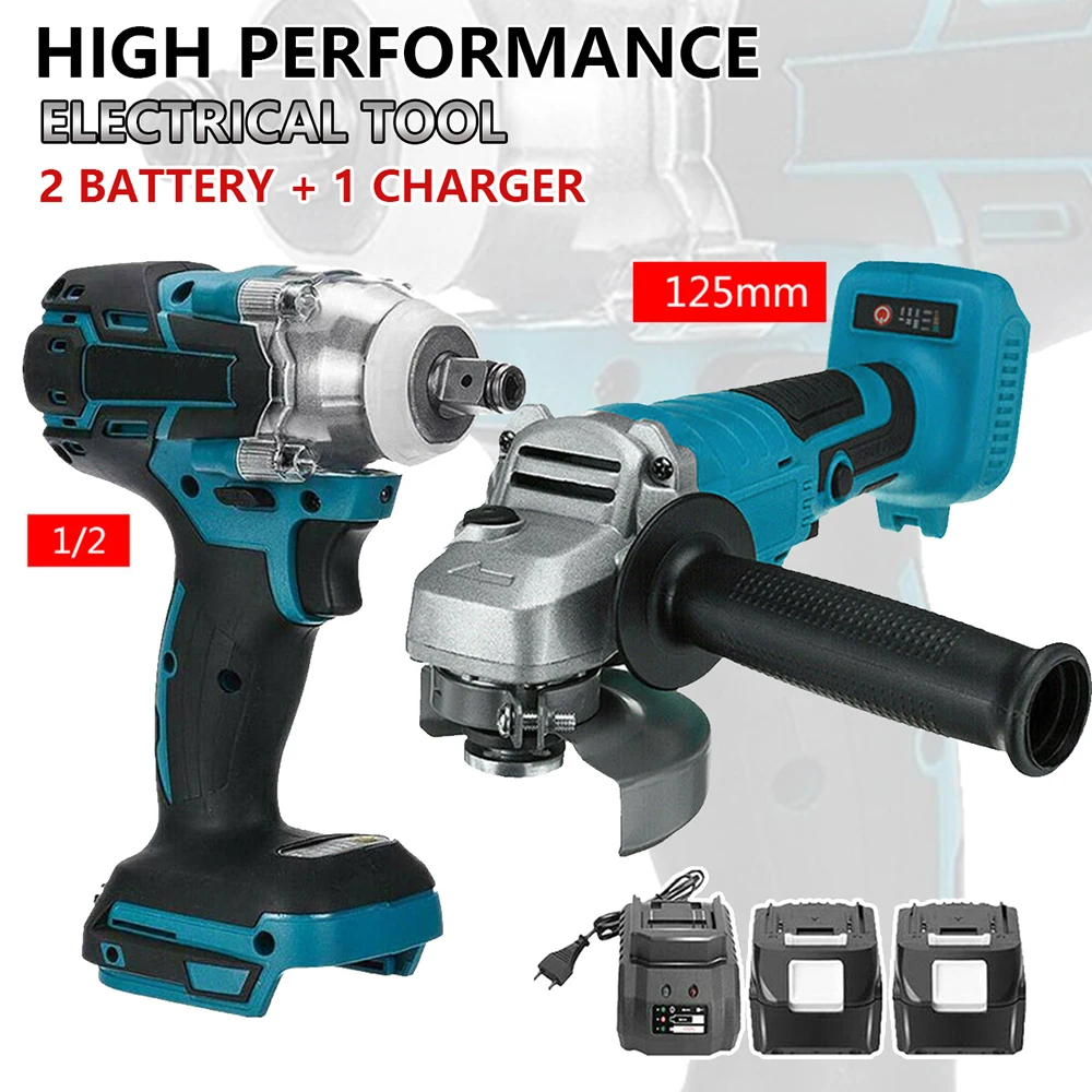

125mm Brushless Electric Angle Grinder 18V Battery Devices Combo Kit Impact Wrench for Makita Battery Power Tool Sets