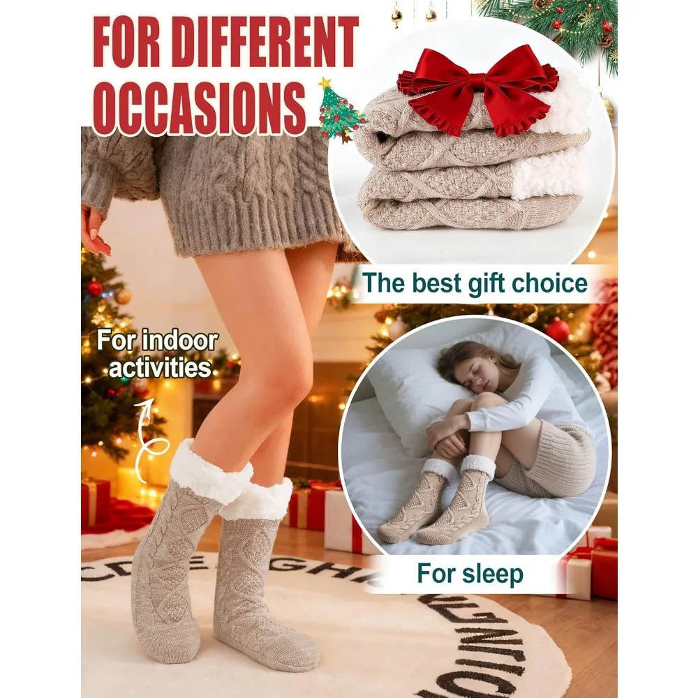 여성용 슬리퍼 퍼지 양말, 푹신하고 아늑한 겨울용 따뜻한 부드러운 플리스 편안한 두꺼운 양말, 미끄럼 방지 기능 포함