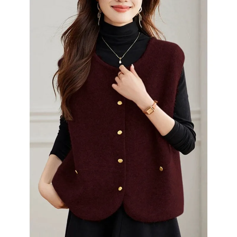 봄 신상 민소매 작은 골드 버클 니트 베스트 자켓 루즈핏 다용도 패셔너블 두꺼운 탑