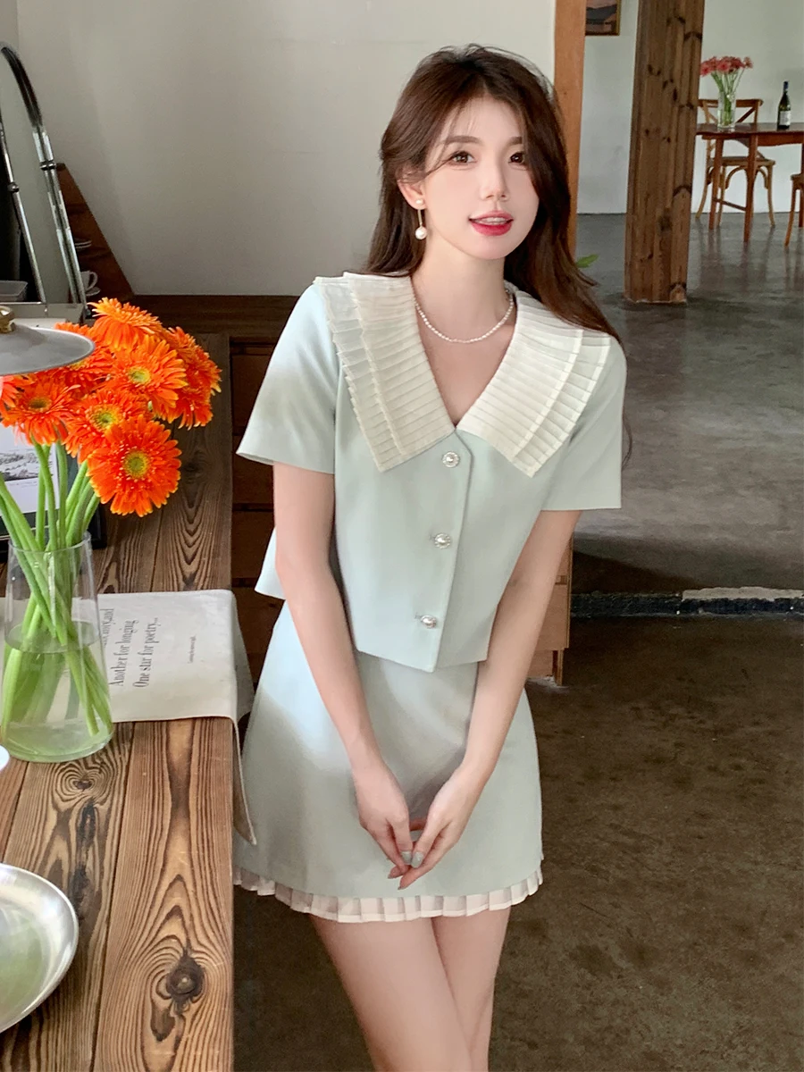 Summer Small Fragrant French Ruffles Patchwork Chic Peter Pan Collar Jacket+Slim Mini Skirt Suits 2 Pieces Sets Women\'s Outfits