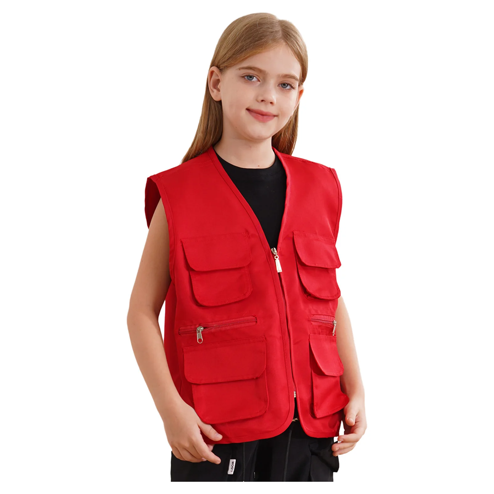 Kids Boys Girls Multi-Pocket Vest V Neck Sleeveless Zipper Waistcoat School Activity Volunteer Activities Uniform Candy Color