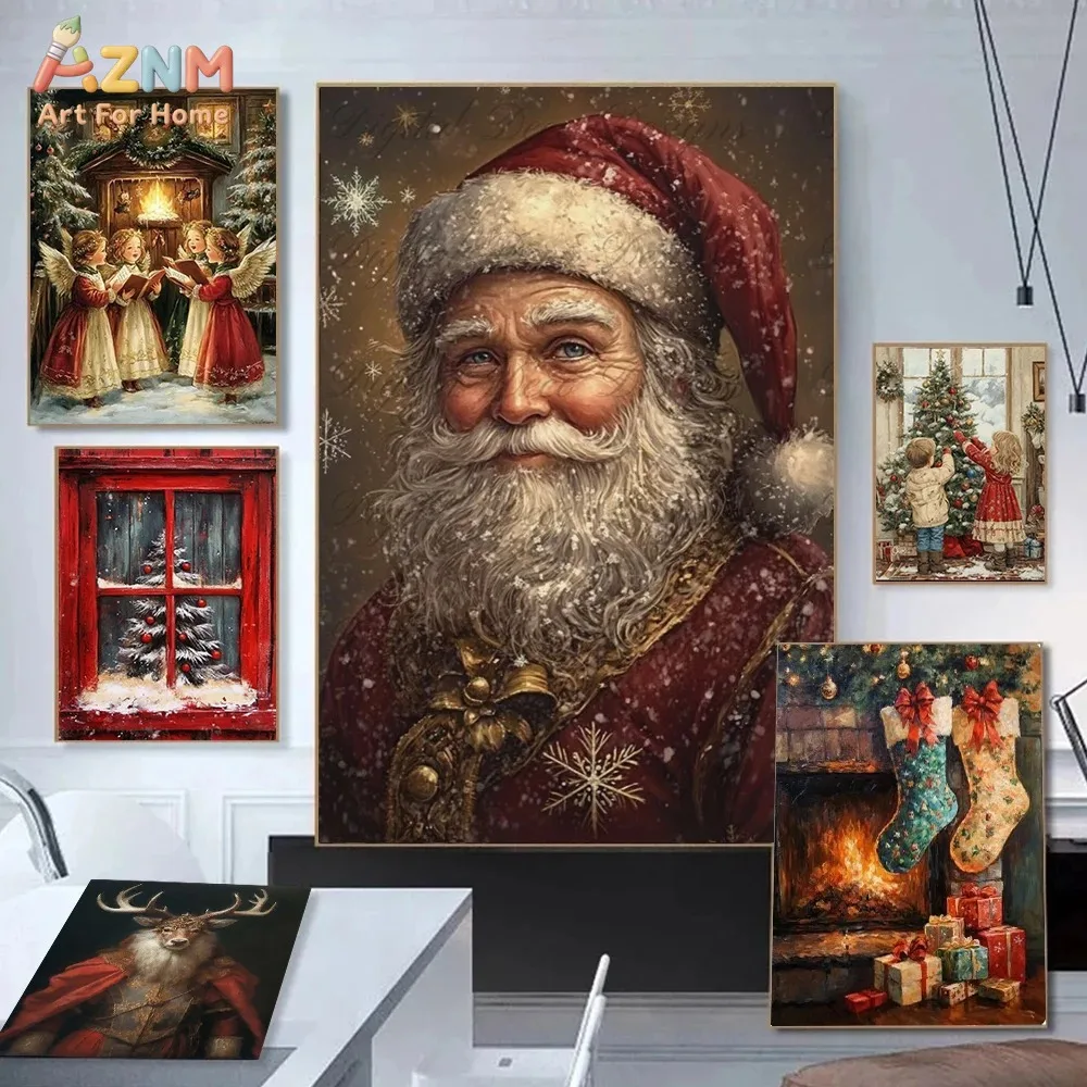 AZNM Vintage Christmas Santa Claus Snowman Canvas Wall Art, Retro Xmas Tree Reindeer Angel Poster, Festive Holiday Winter Decor