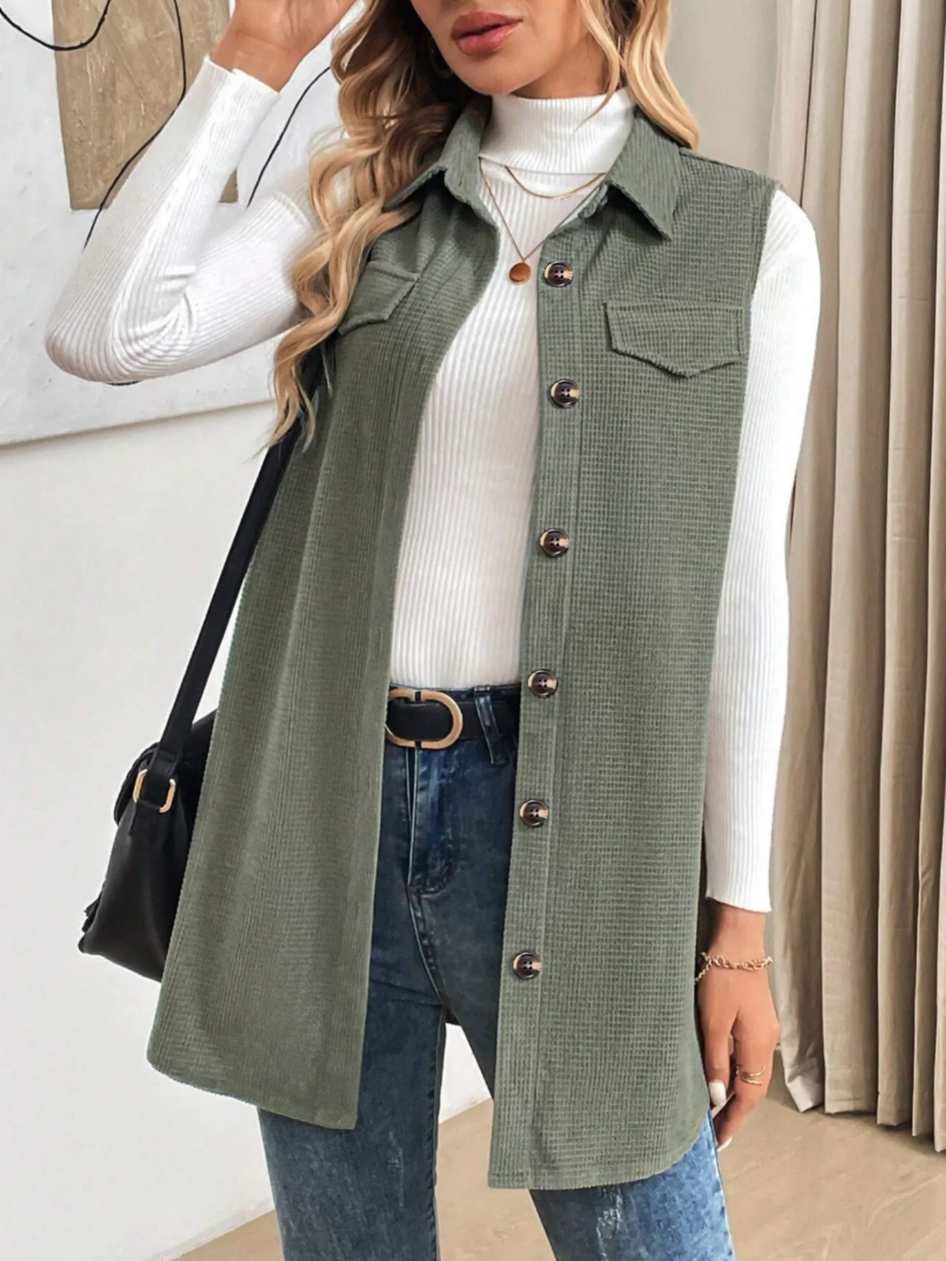 เสื้อกั๊กยาวถักลายวาฟเฟิลลำลองสำหรับผู้หญิง เสื้อแจ็คเก็ตแบบไม่มีแขนติดกระดุมพร้อมกระเป๋า เสื้อคลุมคอปกแบบมีปกสำหรับใส่เป็นชั้นใน