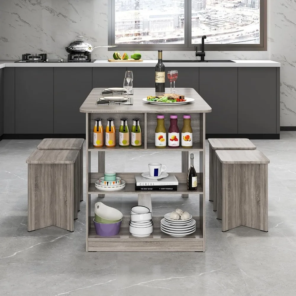 

Dining Table Set with 3-Tier Shelves & 4 Stools