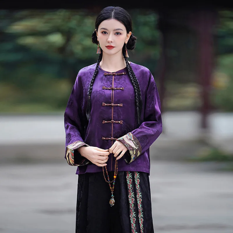 

2026 National Flower Print Embroidery Sleeve Coat Chinese Improved Hanfu Tops Traditional Satin Jacquard O-neck Vintage Jacket