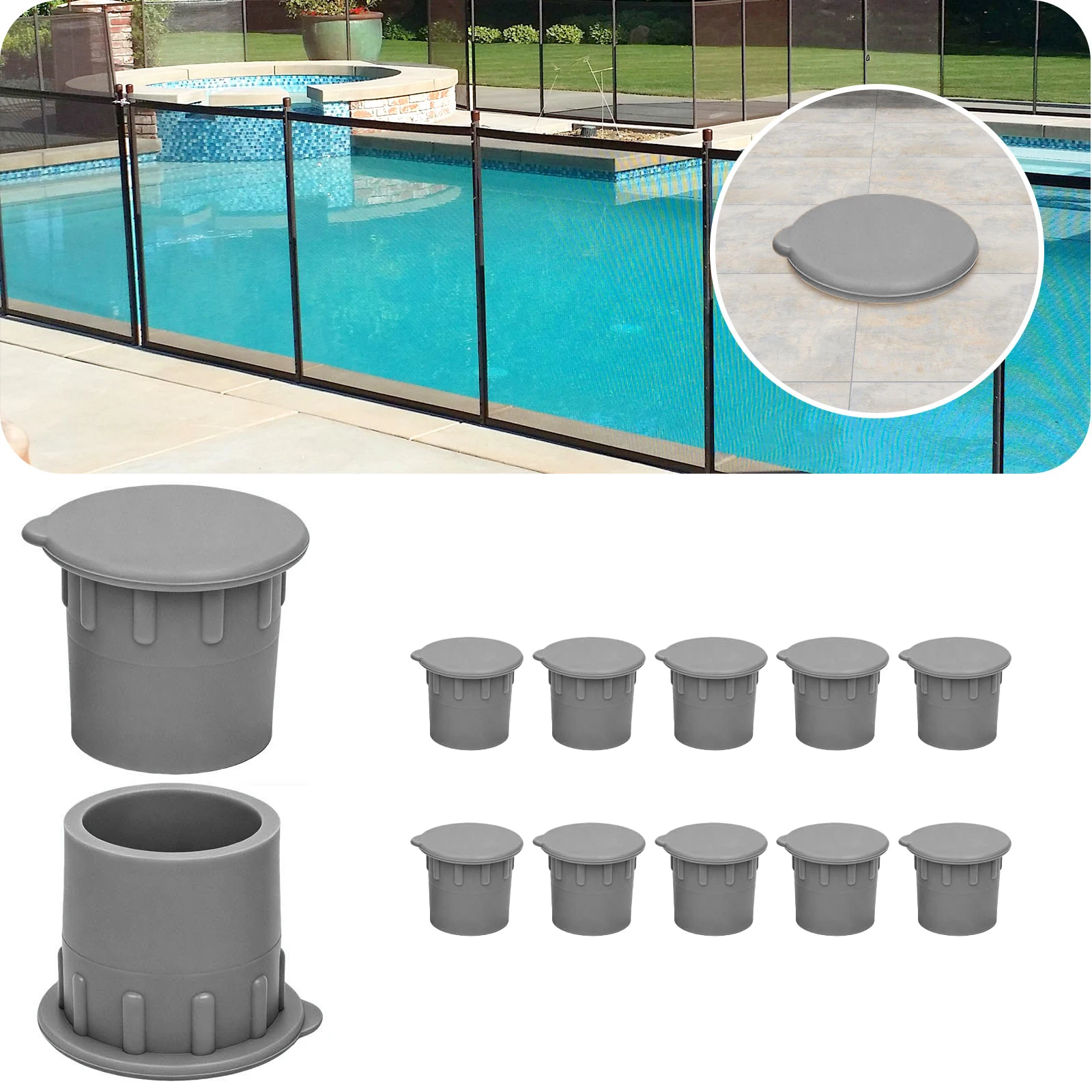 12pcs Silicone Pool Fence Hole Caps with Easy Pull Tab Flexible Anti-slip Ribs Pool Patio Barriers Hole Inserts Safety Covers