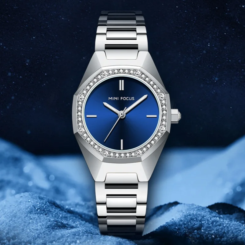 MINI FOCUS 0433 ساعة كوارتز أنيقة للسيدات تصميم كلاسيكي بسيط مقاوم للماء حزام من الفولاذ المقاوم للصدأ ساعات سيدات الأعمال عادية