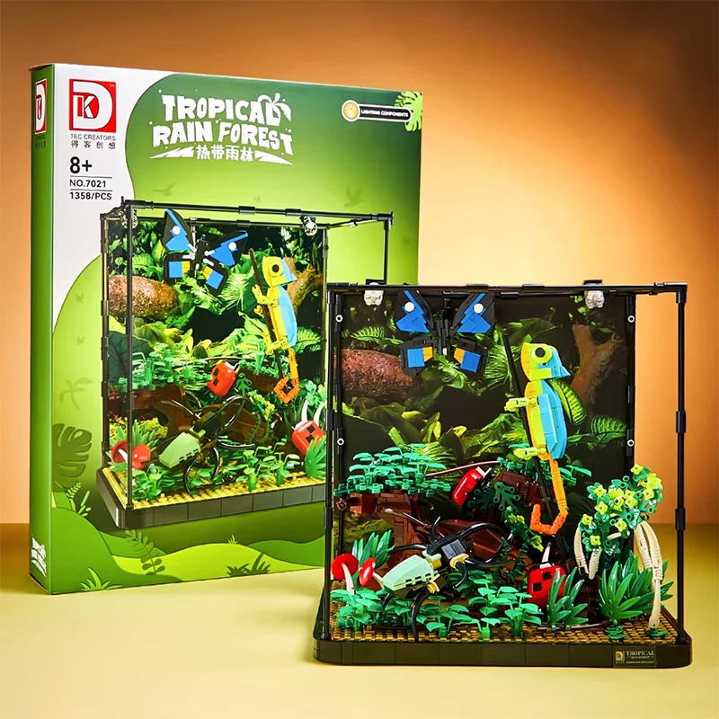 ตัวต่อบล็อกป่าฝนเขตร้อน 3 มิติ รูปสัตว์ คาเมเลียน กิ้งก่า แมลง ผีเสื้อ ด้วง ต้นไม้ ของเล่นประกอบบล็อก ของขวัญสำหรับเด็ก