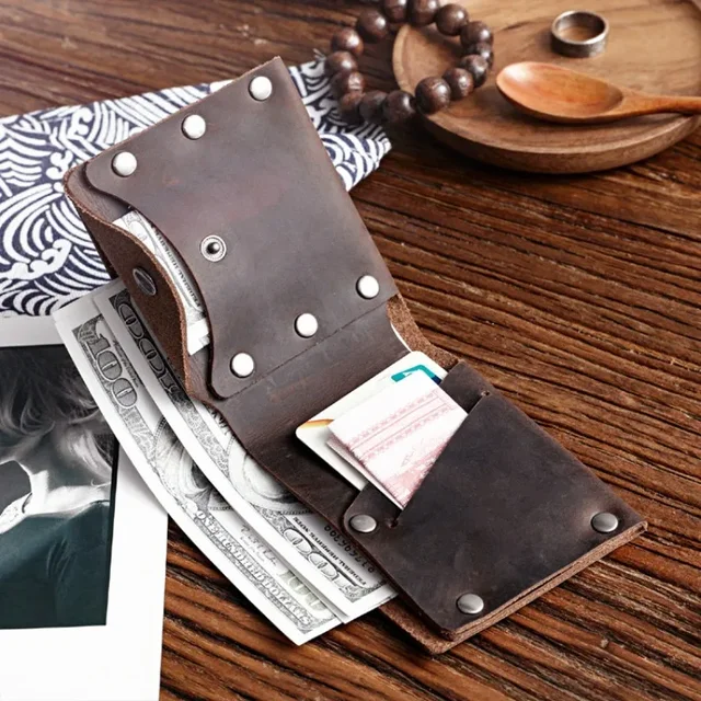 Portfele męskie z prawdziwej skóry Ręcznie robione portfele męskie Vintage Crazy Horse Leather Slim Bifold z kieszenią na monety z zapięciem na monety