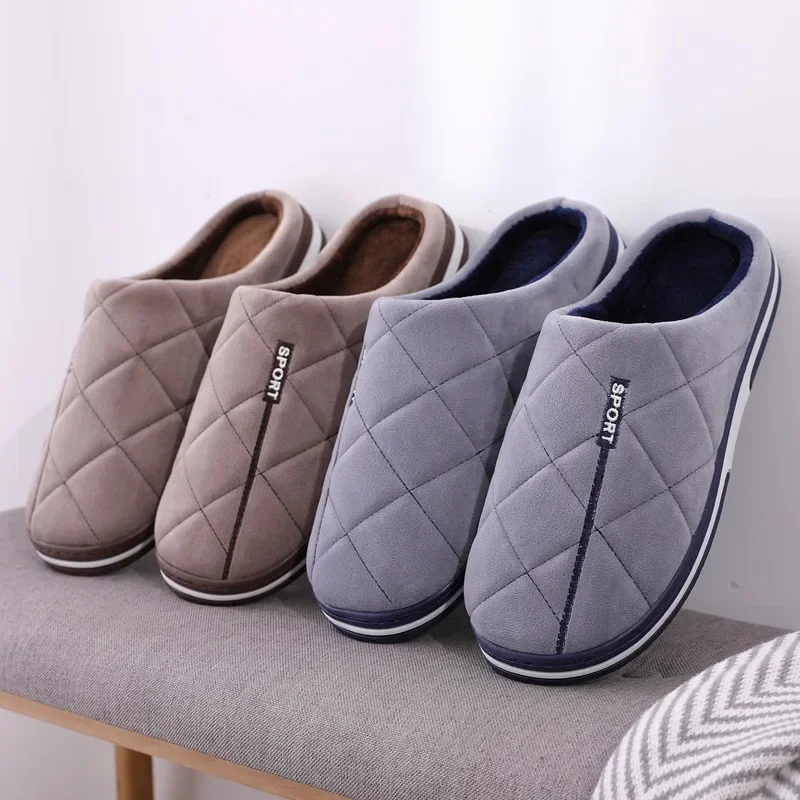 

New Plus Size Men Winter Slippers Thick Sole Soft Flats Concise Floor Shoes Comfortable Sildes Outdoor Non-Slip Furry Footwear