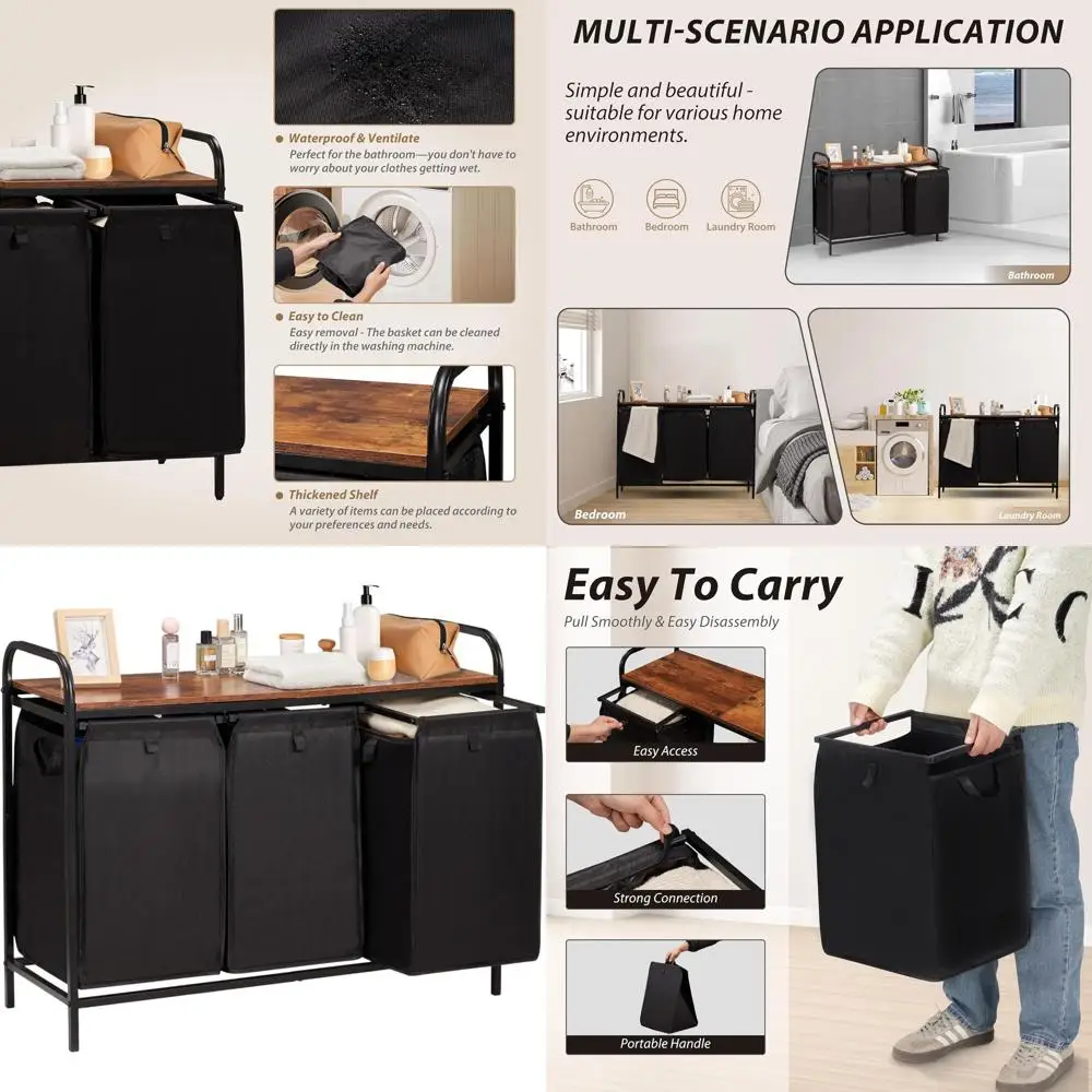 

3-Section Foldable Laundry Hamper with Removable Baskets, 3×12.3Gal Capacity, Organizer for Bedroom and Laundry Room, Brown