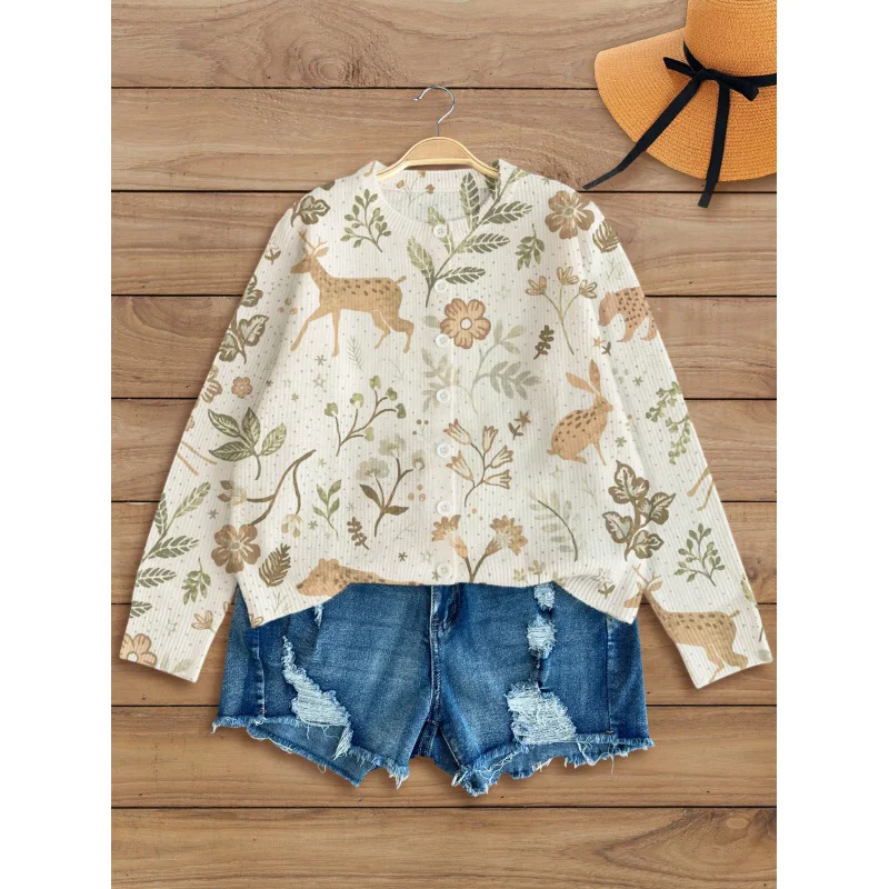 

Spotted Deer and Rabbit Digital Print Women's Knit Cardigan Thick, Loose-Fit Crew Neck Long Sleeve Autumn/Winter Casual Style