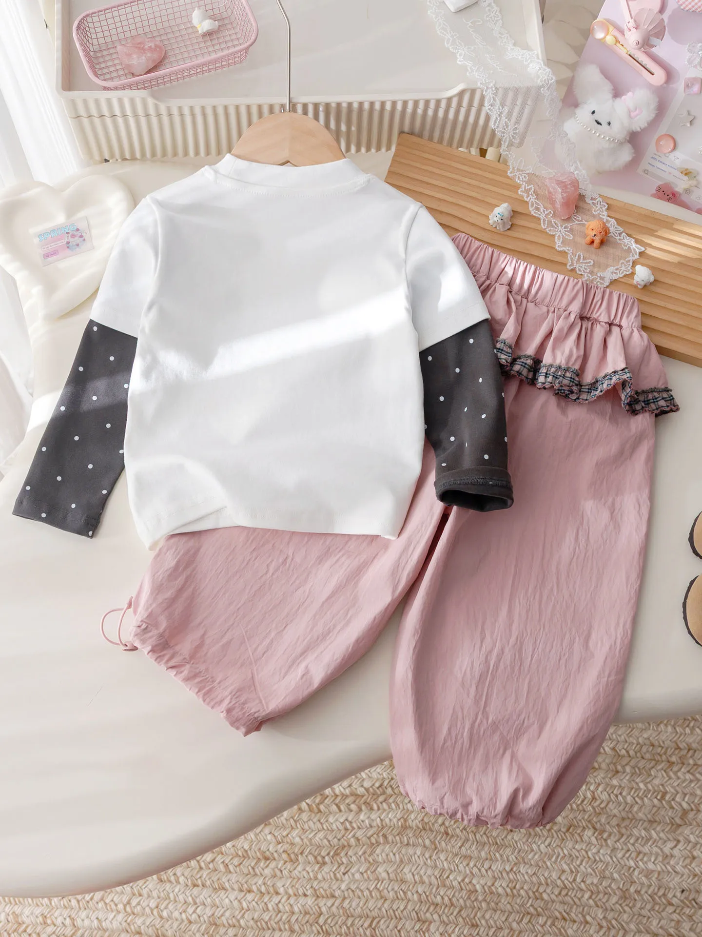 Baby Girls' Set Autumn Lace Patch Fake Two Piece Long Sleeved T-shirt + Pink Bow Embroidered Lace Cargo Pants Loose Trousers