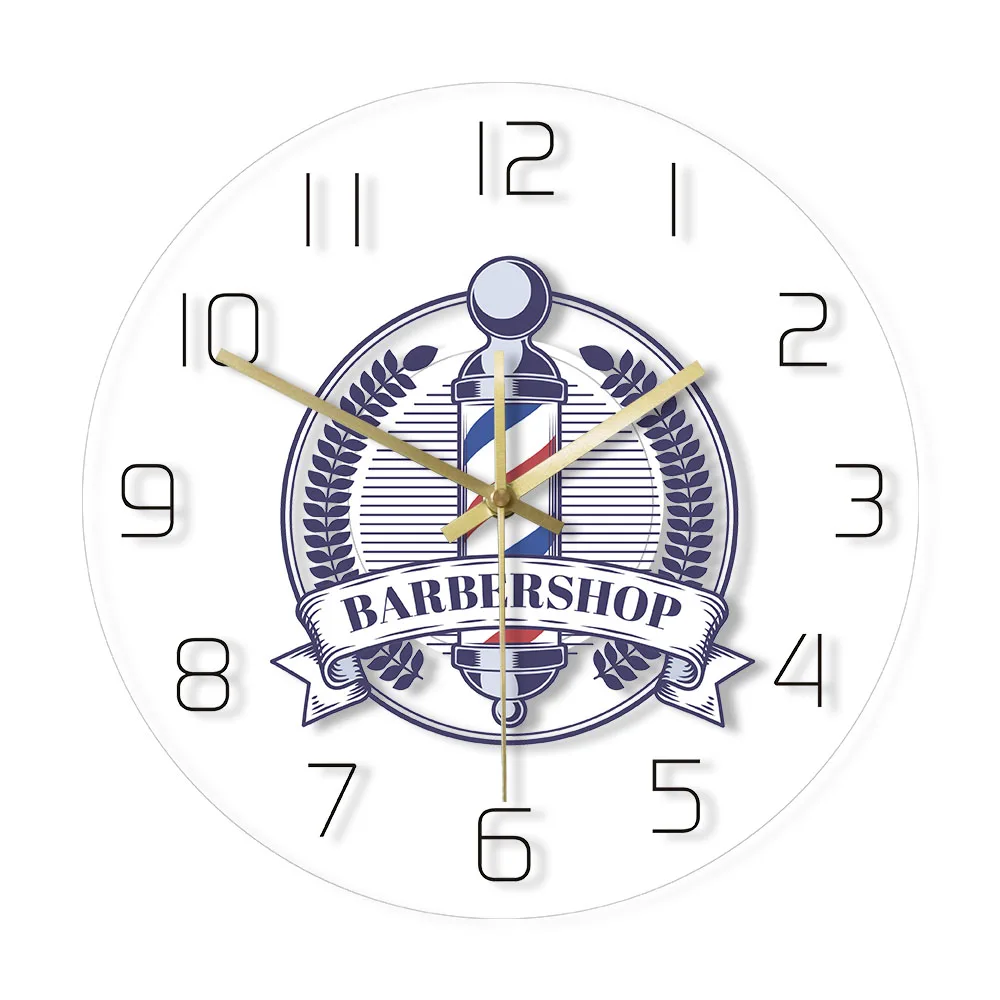 Barbershop Retro Badge Print Wall Clock Barber Shop Logo Modern Acrylic Wall Clock Male Hair Salon Barber Pole Wall Sign Clock