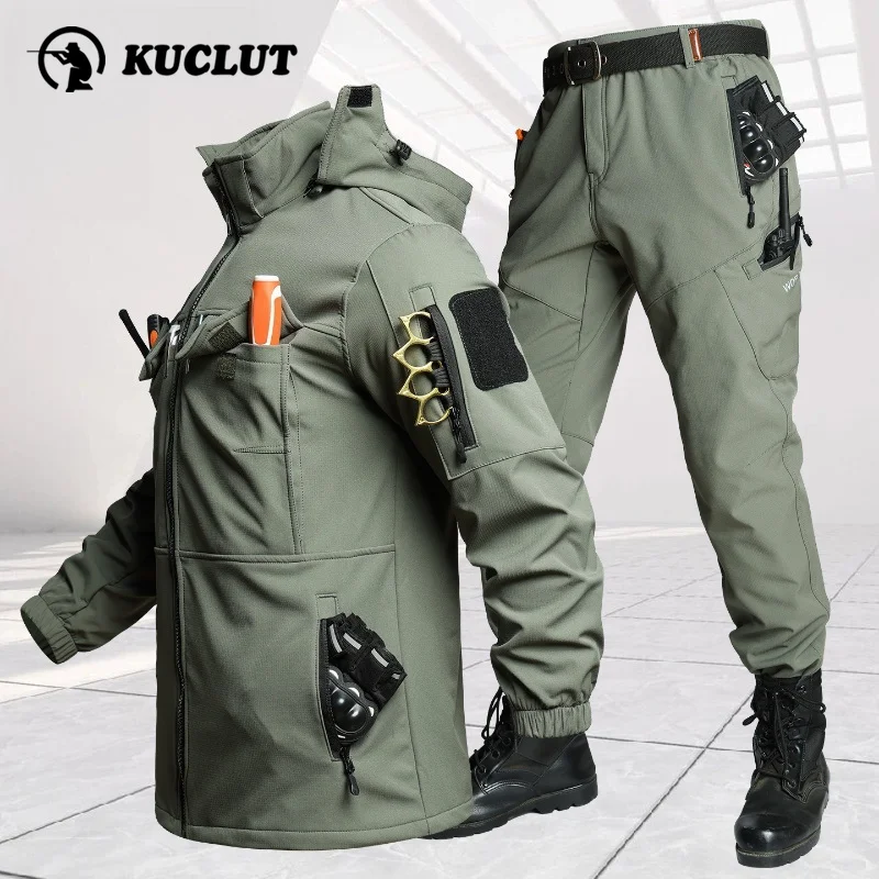 Winter Tactical Fleece Jacket Set Outdoor Windproof Warm Wear-resistant Reinforced Crotch Workwear Multi Pocket Two-piece Set