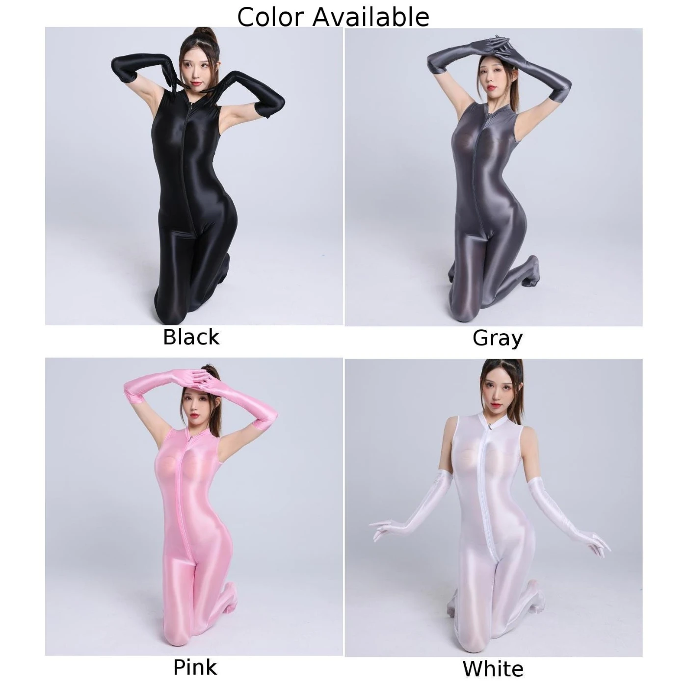 Women Oil Shiny Glossy Zip Bodystocking Sexy Lingirie Crotchless Nightwear Semi See Through Sleeveless Tights Jumpsuit Clubwear