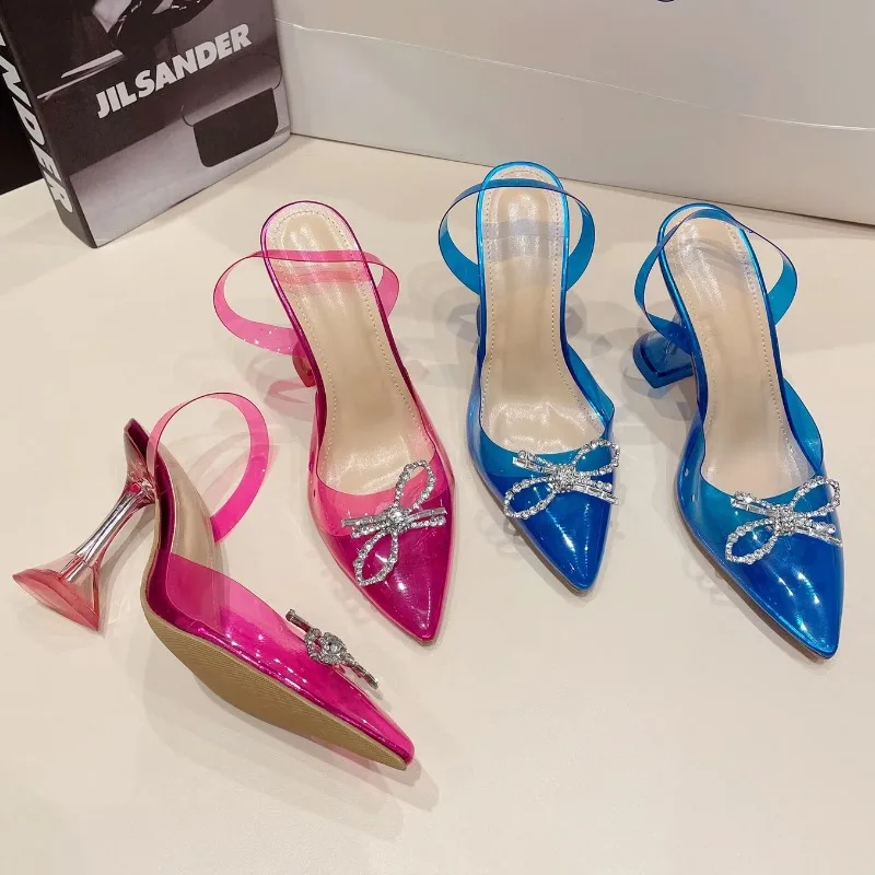 New Summer Women's High-heeled Sandals Transparent Bow Rhinestones Closed Toe Wine Glass Heel High Heels Back Empty Single Shoes