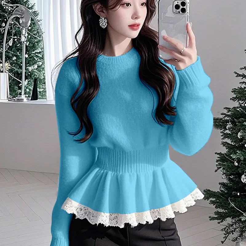 Elegant Women's Round Neck Long Sleeve Knit Sweater With Lace Trim Sweet Style For Office And Daily Wear