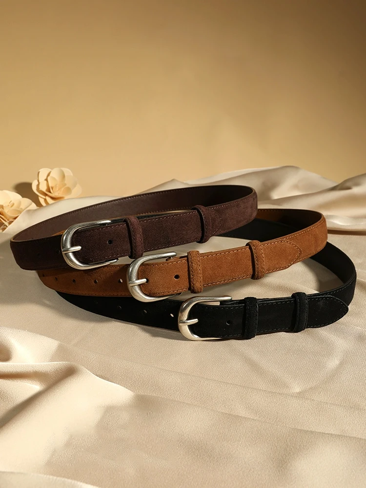 Women Genuine Leather Belt Suede Cowhide Belts for Women Wide Elegant Dress Jeans Waistband Silver Buckle Belt