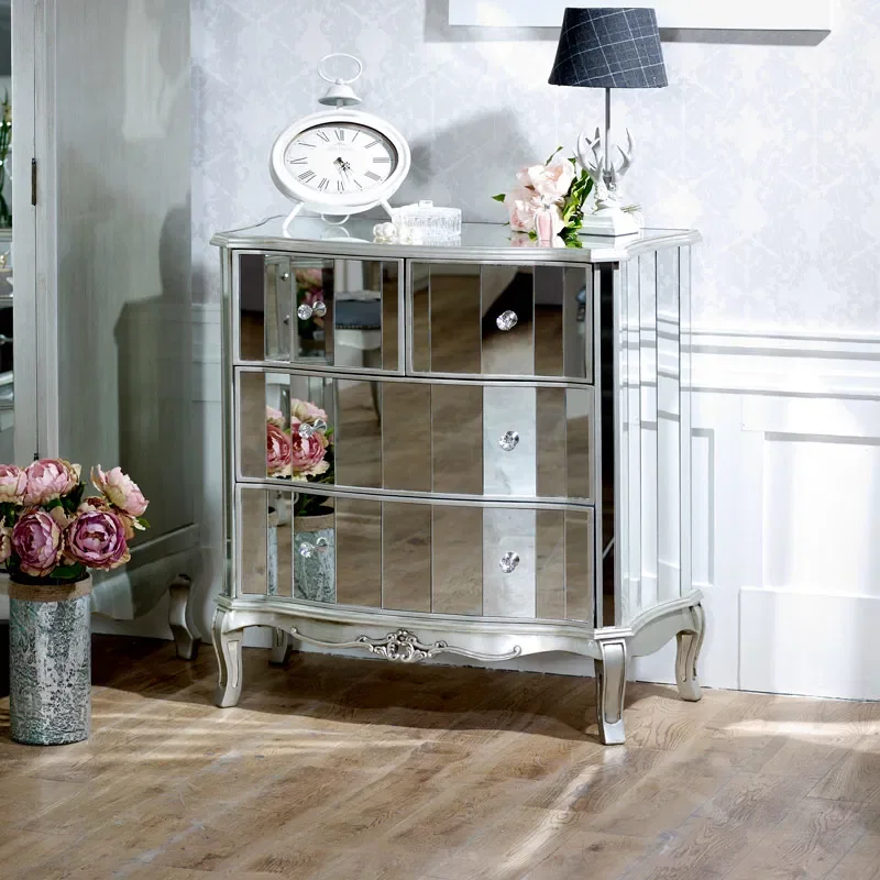 Bedroom Furniture Silver Mirrored Chest of Drawers & Pair of Bedside Tables