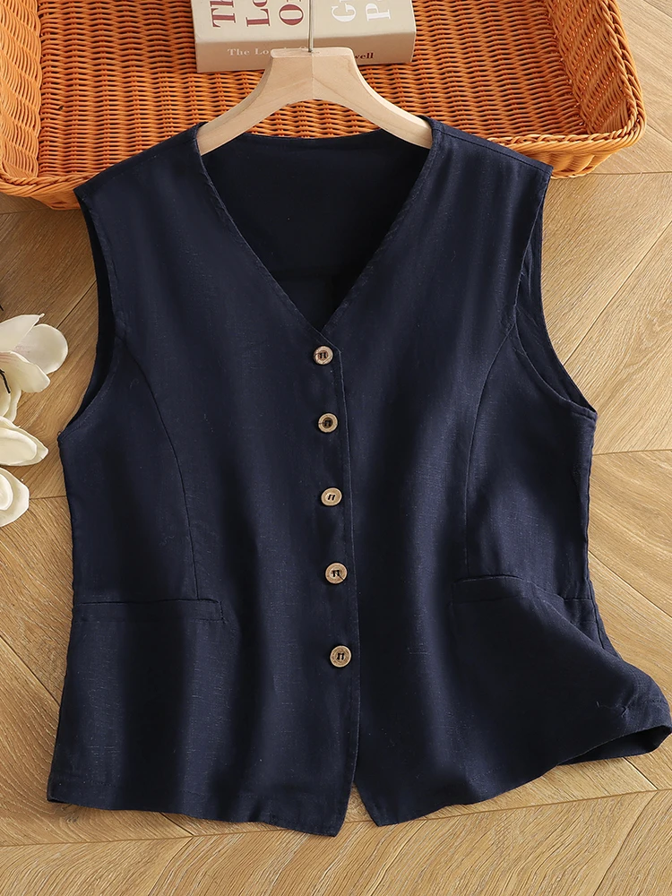 Decorative Single-Button V-Neck Women's Vest Pure Color Stitching Summer New Style Retro High-End Feeling Cotton Blend Breath...