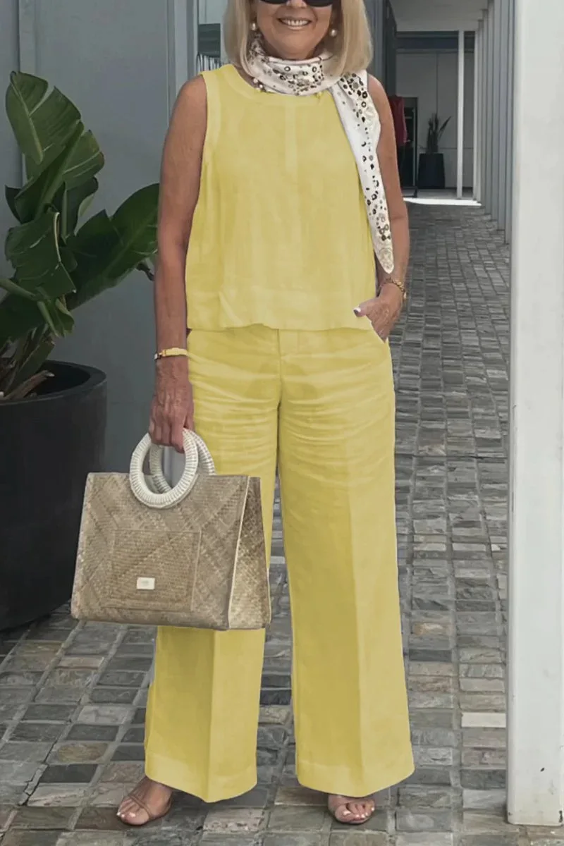 Conjunto de pantalón largo sin mangas para mujer, Camiseta holgada y elegante de 2 piezas, Color liso, verano, 2024