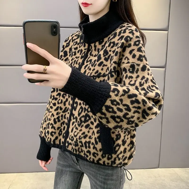 

Autumn/Winter Vintage Harajuku Women's Zipper Cardigan Soft Warm Leopard Print Jacket Long Sleeve Top Trendy Sweater Women