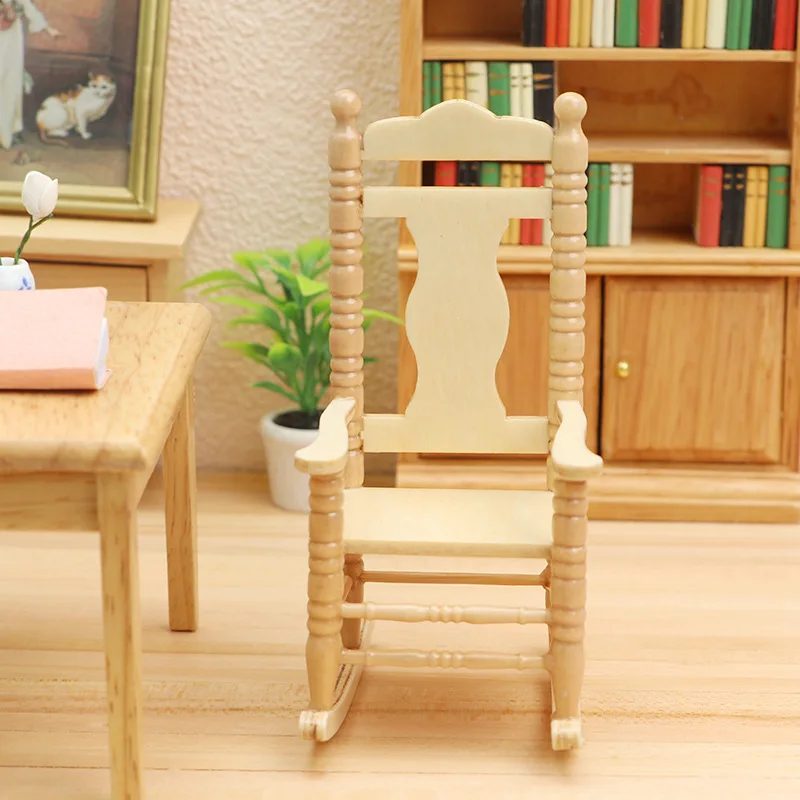 3picecs 1:12 Scale Dollhouse Miniature Furniture - European Vintage Solid Wood Rocking Chair with Armrests