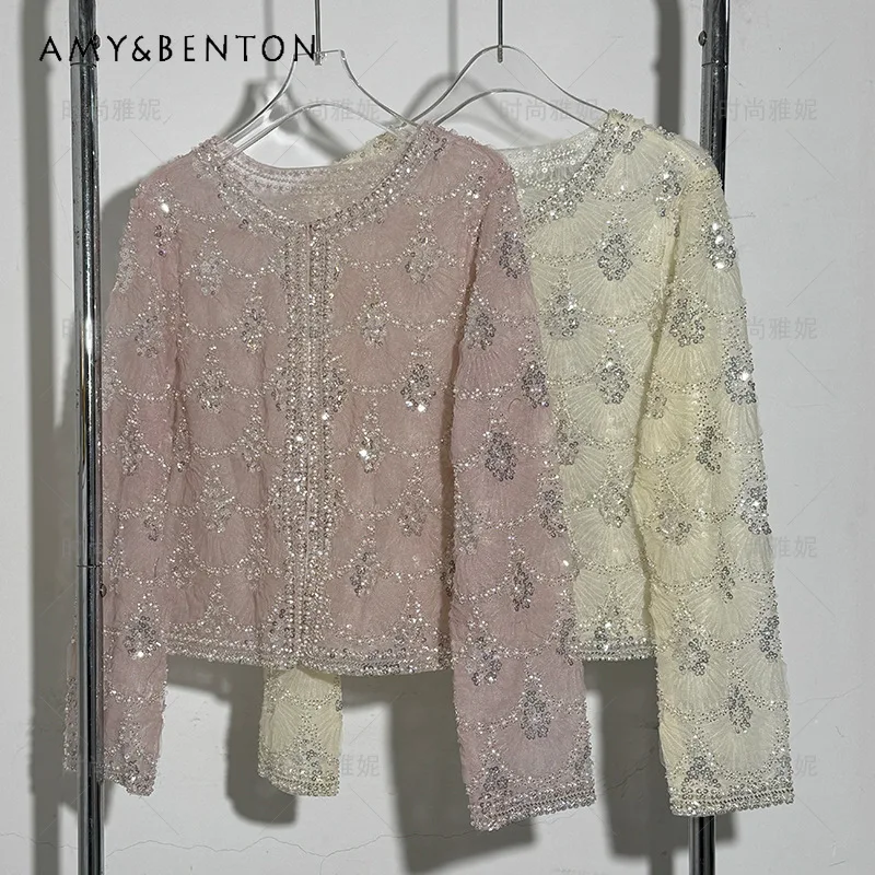 

American Style Long Sleeved Socialite Style O-Neck Stage Luxury Trendy Cardigan Beaded Sequin Slim Fit Women's Top Shirt Jacket