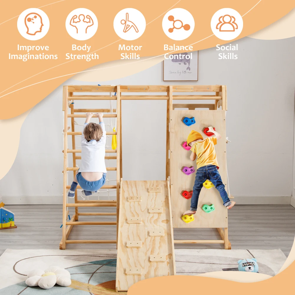 Peuter Indoor Houten Gym 8-in-1 Indoor Speeltuin Klimspeelgoedset met Glijbaan Schommel Klimnetringen, Indoor Speeltuin voor kinderen