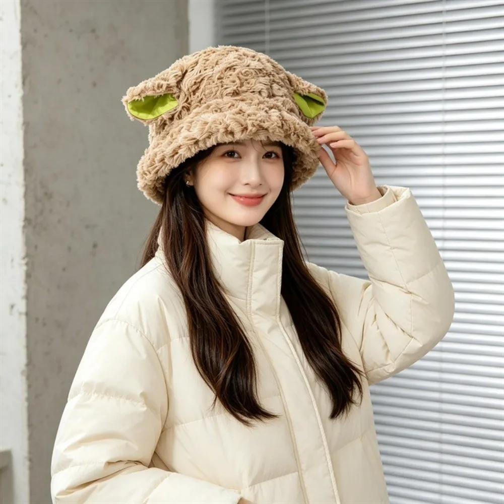 Cute Bucket Hat Fluffy Soft Sheep Fisherman Hat Fuzzy Warm Lamb Ear Hat Cold Weather