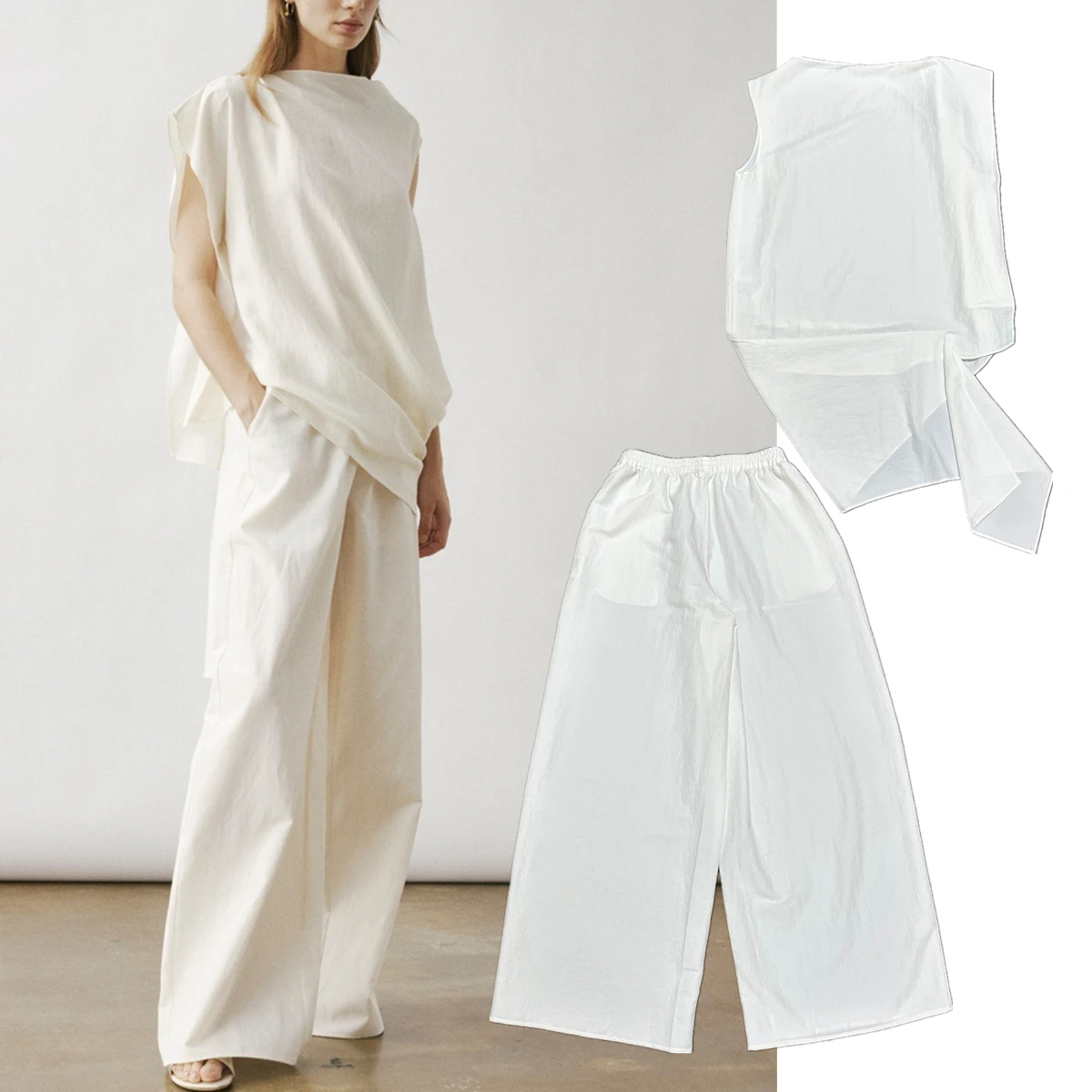 

Maxdutti Minimalist Beige Lazy 45% Lyocell Asymmetrical Sleeveless Shirt Wide Leg Pants Set Two Piece Set Women's Suit Clothes