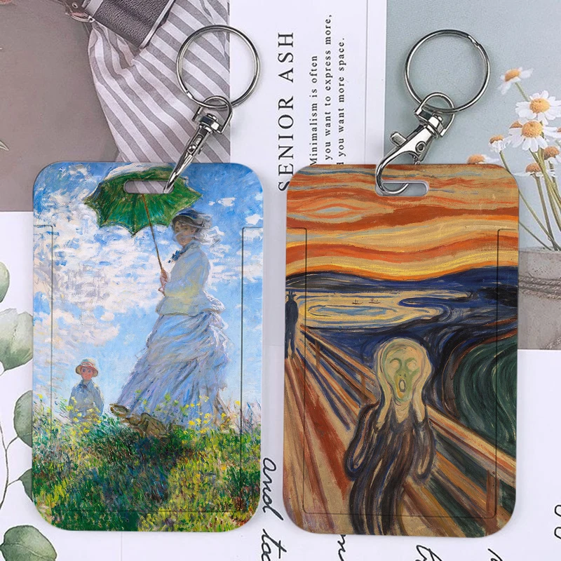 Classic Art Monet Oil Parinting Keychain Card Holder Keychains The Starry Night Holders Bank Bus ID Credit Cards Key Ring Chains