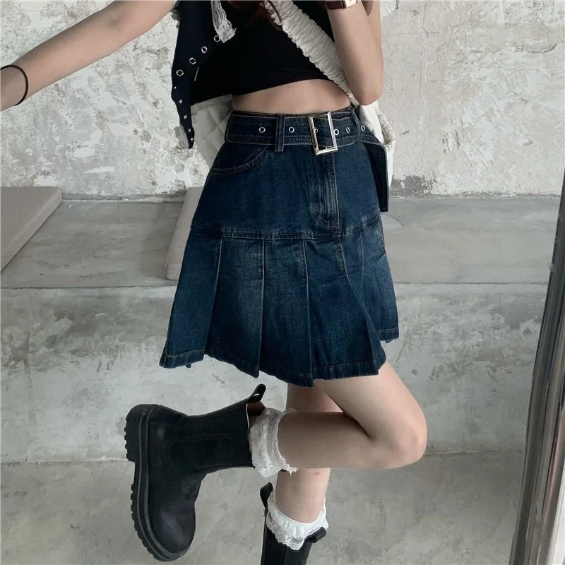 

Y2k Denim Pleated Skirt Women 2023 New Kawii Fashion Casual Hot Sweetheart High Waist Slim Gothic Plus Size Mini A Line