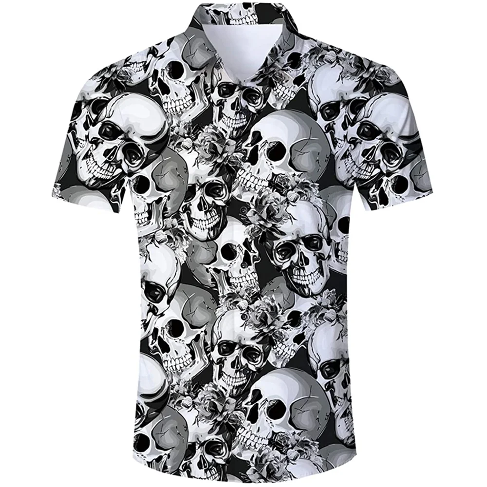 Vintage Men\'s Shirt Hip Hop Skull Print Short Sleeve Oversized Top Tees Old Casual Hawaiian Men Clothing Lapel Shirt Streetwear