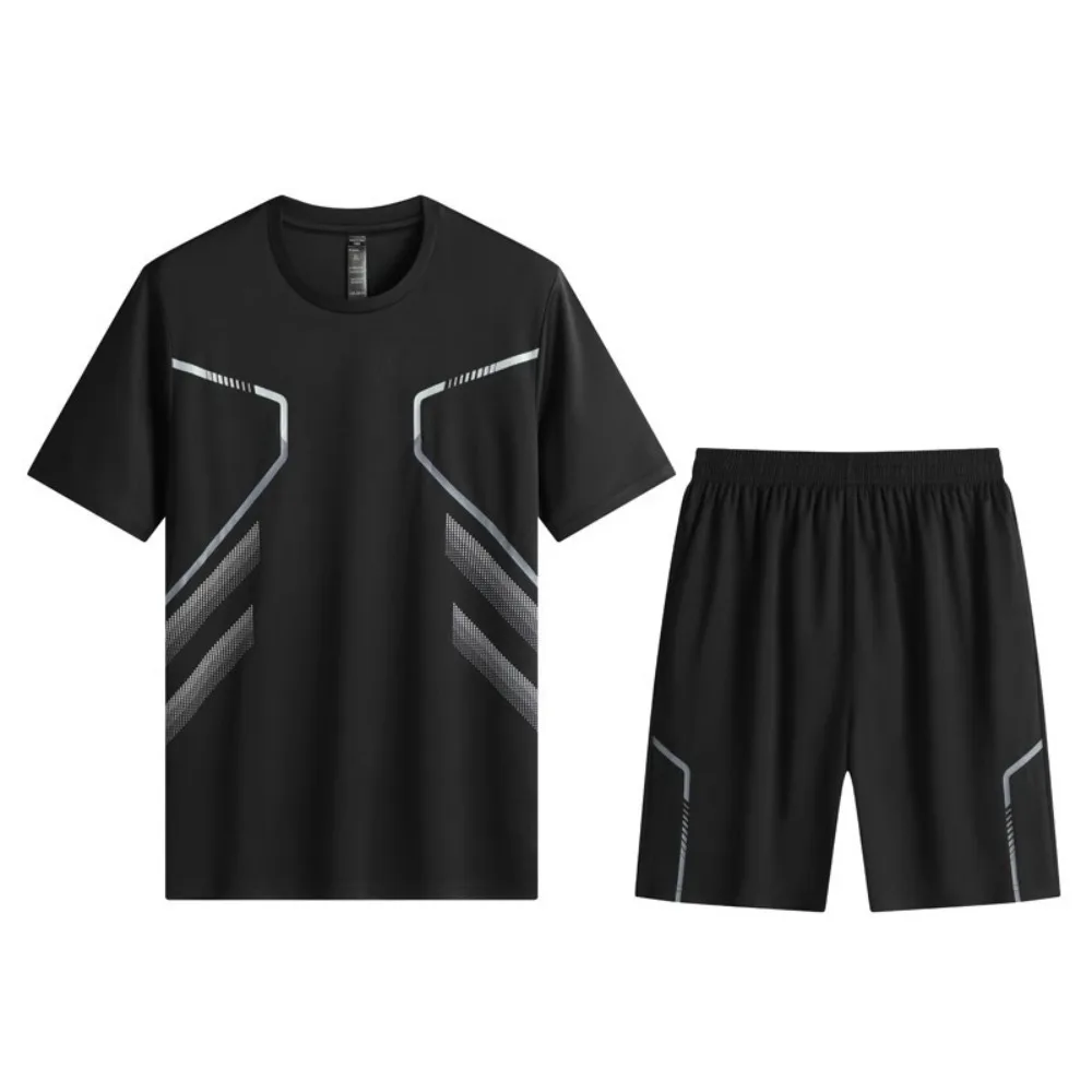 

Fashion Stripe Short Sleeve T-shirt Sets Runnning Breathable Summer Sport Costume Clothing Sportswear Male Top Shorts Summer