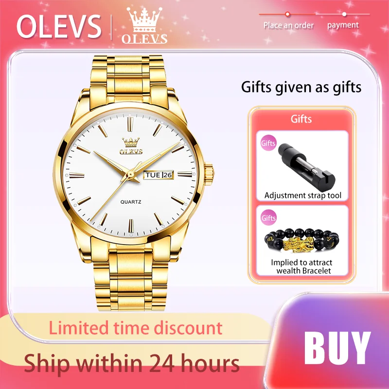 

OLEVS Original Luxury Brand Men Watch Gold Dual Calendar Quartz Watch Stainless Steel Strap Waterproof Luminous Male Wristwatch