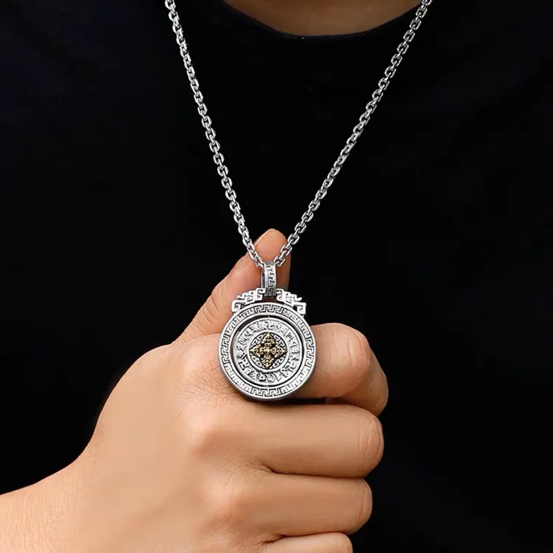 Retro Amulet Nine Palaces Bagua Pendant Tibetan silver Shurangama Mantra Necklace rotatable Pendant Mantra Buddhist jewelry