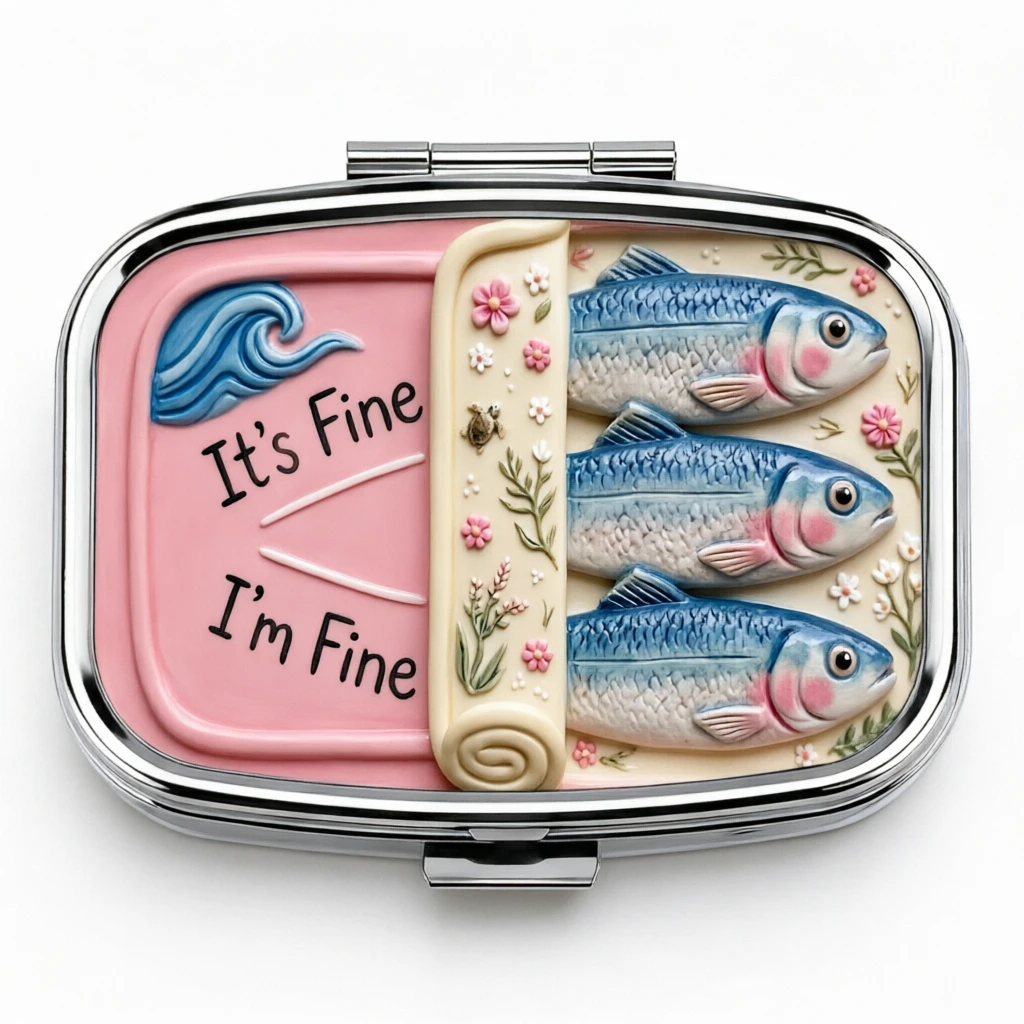 2 Compartments Metal Pill Box, It's Fine I'm Fine Sardine Print Portable Pocket Pill Case, Mini Travel Medicine Storage Containe