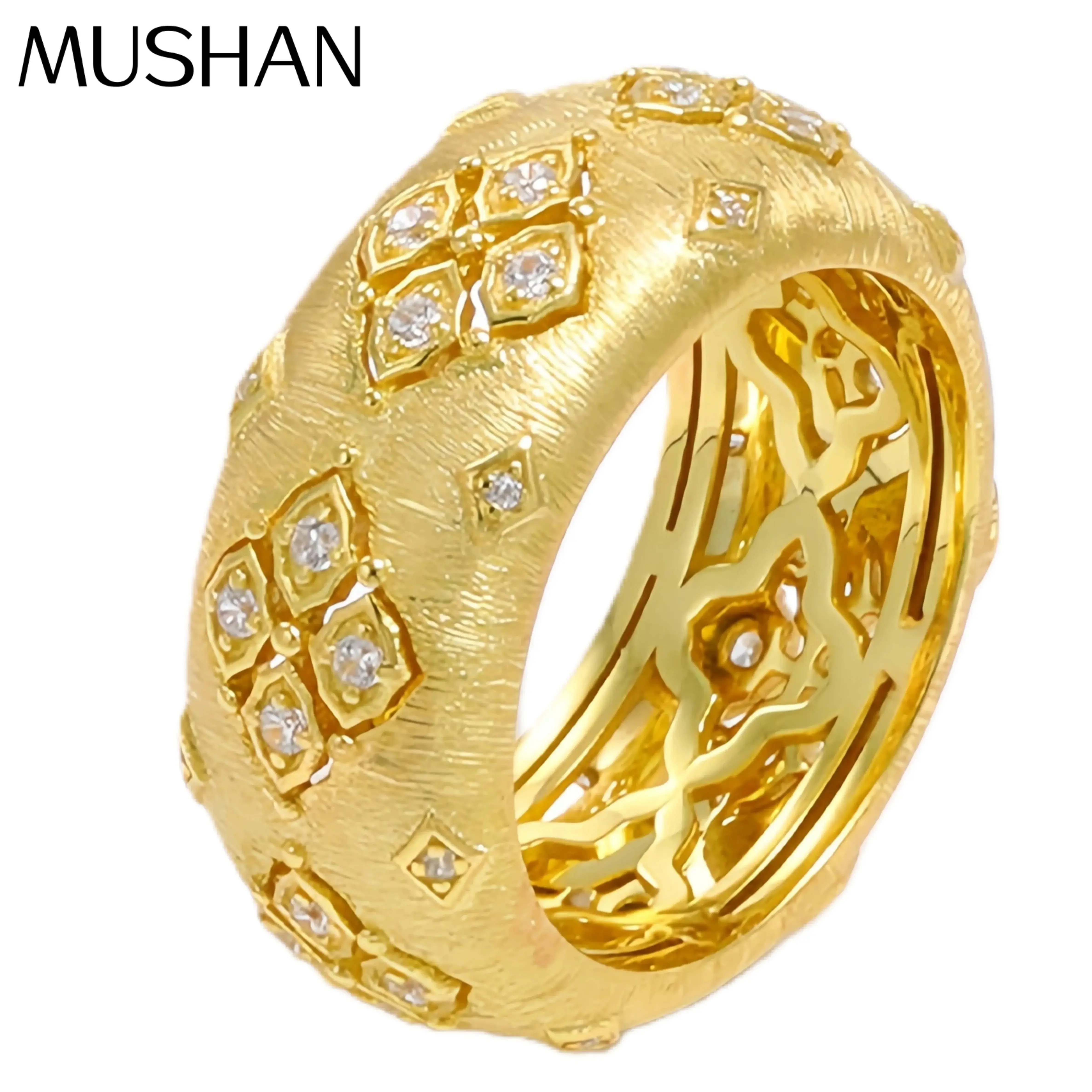 

Mushan Luxury Brand Hot Sale Diamond Encrusted Four Leaf Flower Brushed Ring For Women 925 Sterling Silver Ring Jewelry