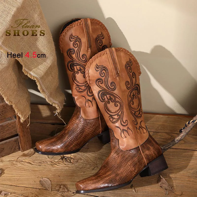 2025 جديد تطريز أنيق النساء منتصف العجل الأحذية رئيس مربع 4.5 سنتيمتر كعب متوسط فارس الأحذية الخريف الشتاء سيدة أحذية أحذية طويلة