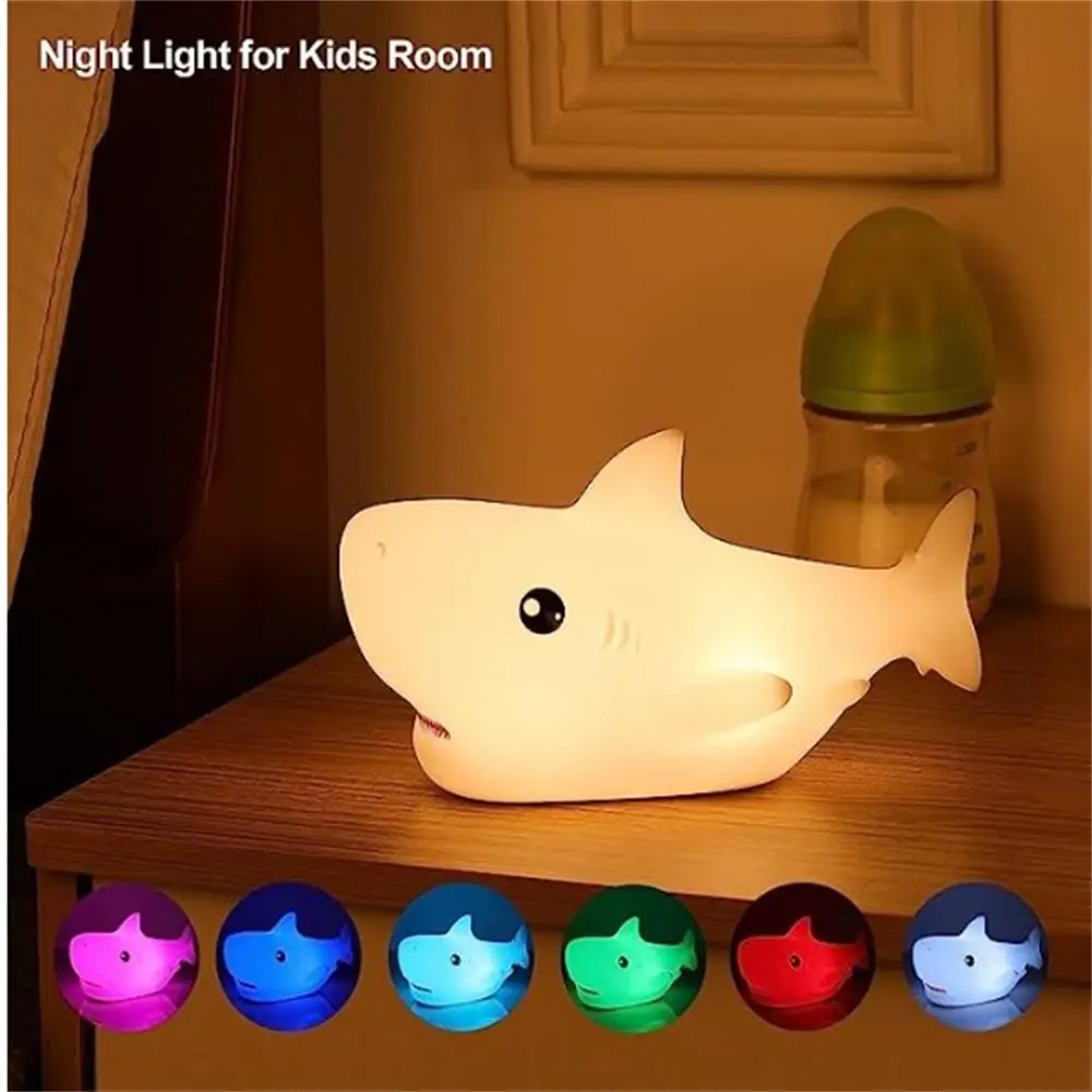 Shark Shaped Rechargeable LED Night Light, Colorful Dimming Touch, Silicone Table Lamp, Bedside Decoration Light, Kid Gift