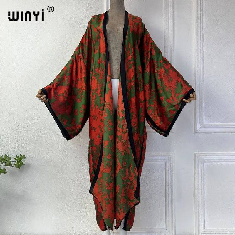 WINYI lato 2024 kwiatowy nadruk okrycie plażowe afrykańskie sweter damski boho wakacje artystyczna odzież sexy Kimono vestidos para mujer