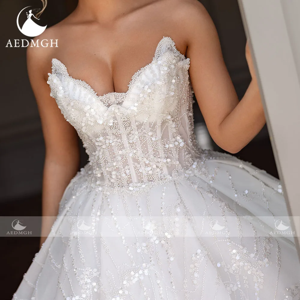 Aedmgh 볼 가운 럭셔리 웨딩 드레스 스트랩리스 베스티도 드 노비아 레이스 자수 스팽글 공주 맞춤 제작 웨딩 드레스