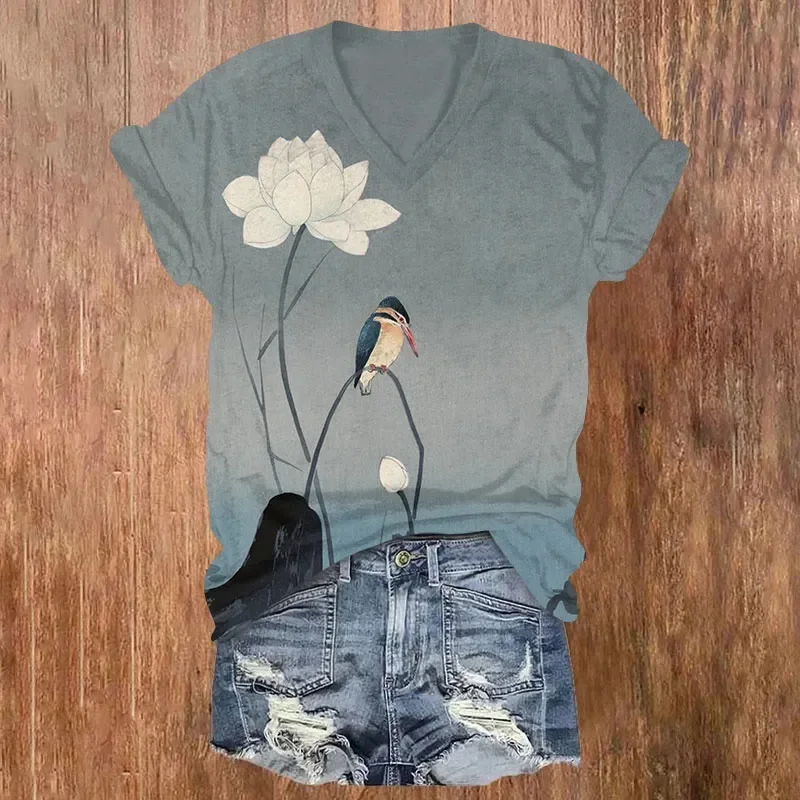 Fotografia 4: Camiseta vintage Morning Sun Chickadee View com estampa de manga curta e decote em V, camisetas femininas de verão