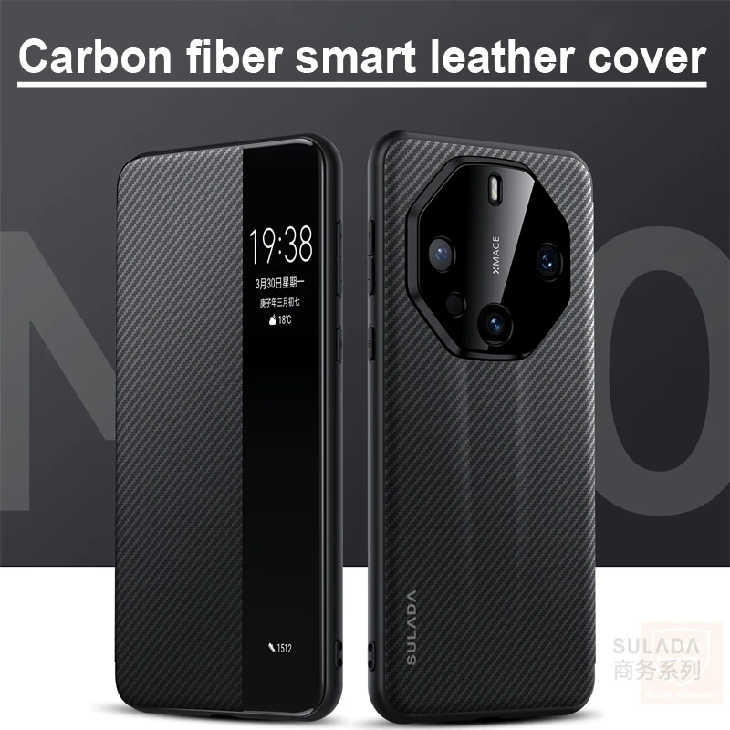 Leather Case For Huawei Mate 60 Pro RS Carbon Fiber Flip Phone Case For Huawei Mate 60 Pro Mate60 360 Cover Smart Shell Skin Bag