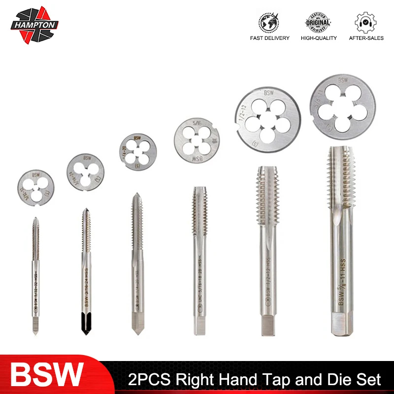  Thread Tap And Round Die Set HSS Screw Tap BSW 5/32-32 3/16-24 1/4-20 5/16-18 1/2-12 5/8-11 Plug Tap Hand Tools 2pcs