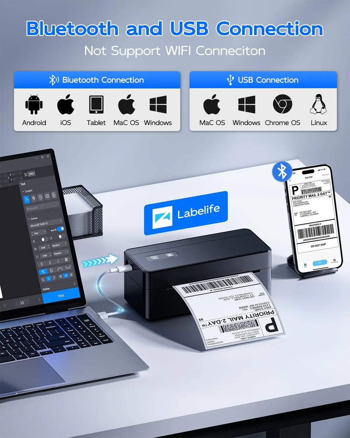 طابعة حرارية بلوتوث، طابعة ملصقات لاسلكية 4x6 للشركات الصغيرة، متوافقة مع iOS، Android، Windows، Mac، eBay، USPS